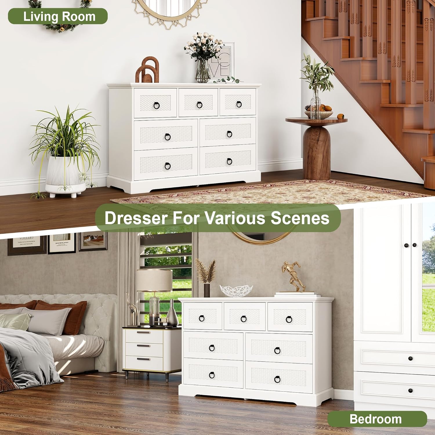 Full Room View of White 7-Drawer Dresser, Modern Farmhouse Decor