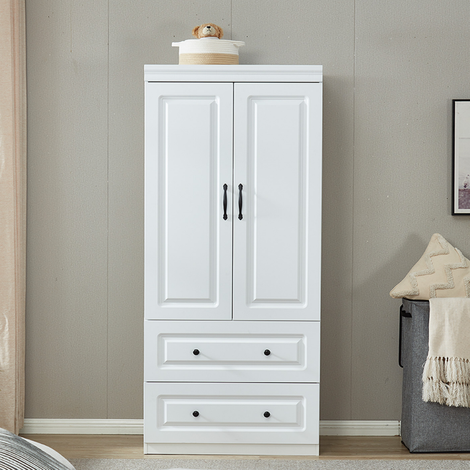 74" White 2-Door Wood Wardrobe Closet for Bedroom Storage.