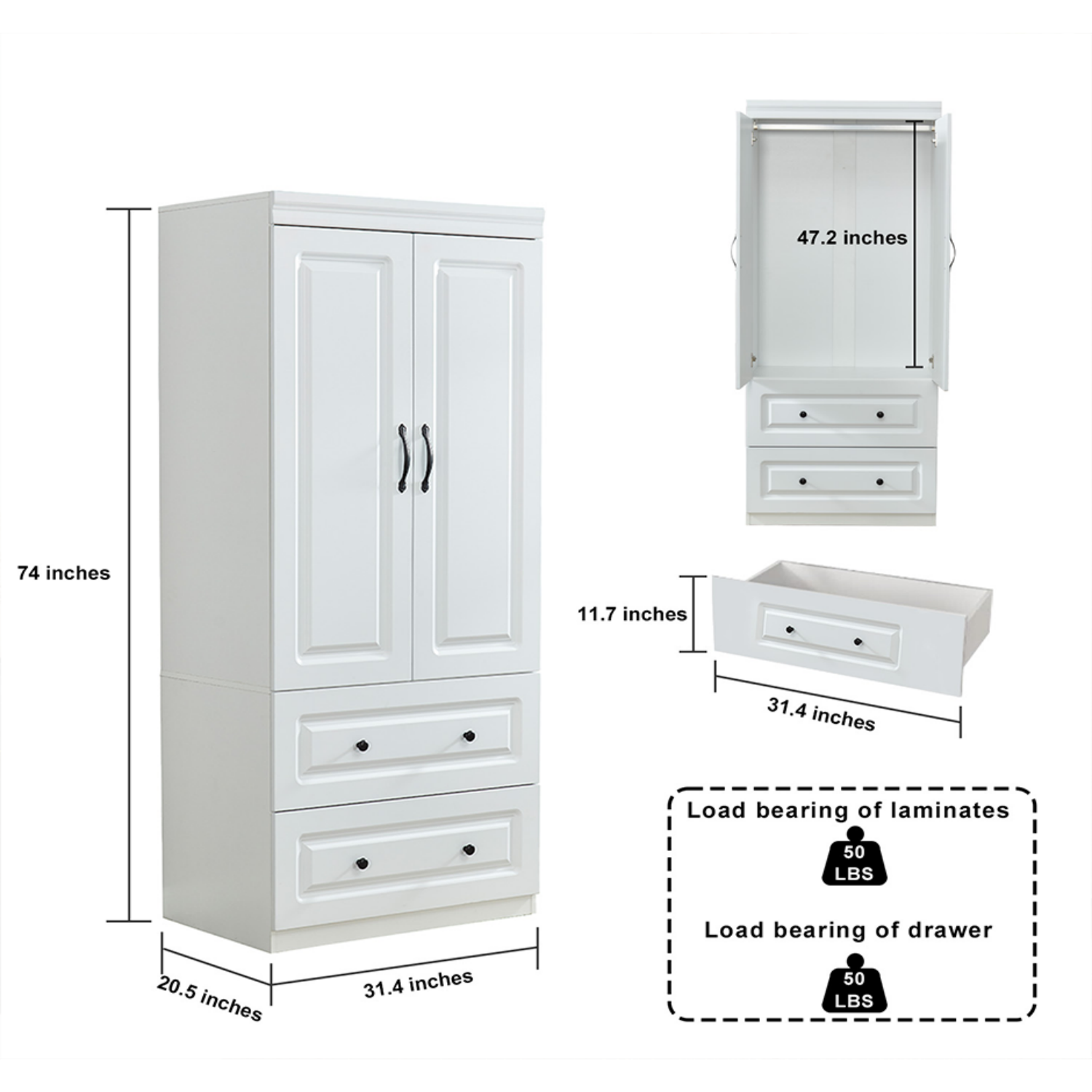 Dimensions of 74 Inch Tall White Armoire with Drawers.