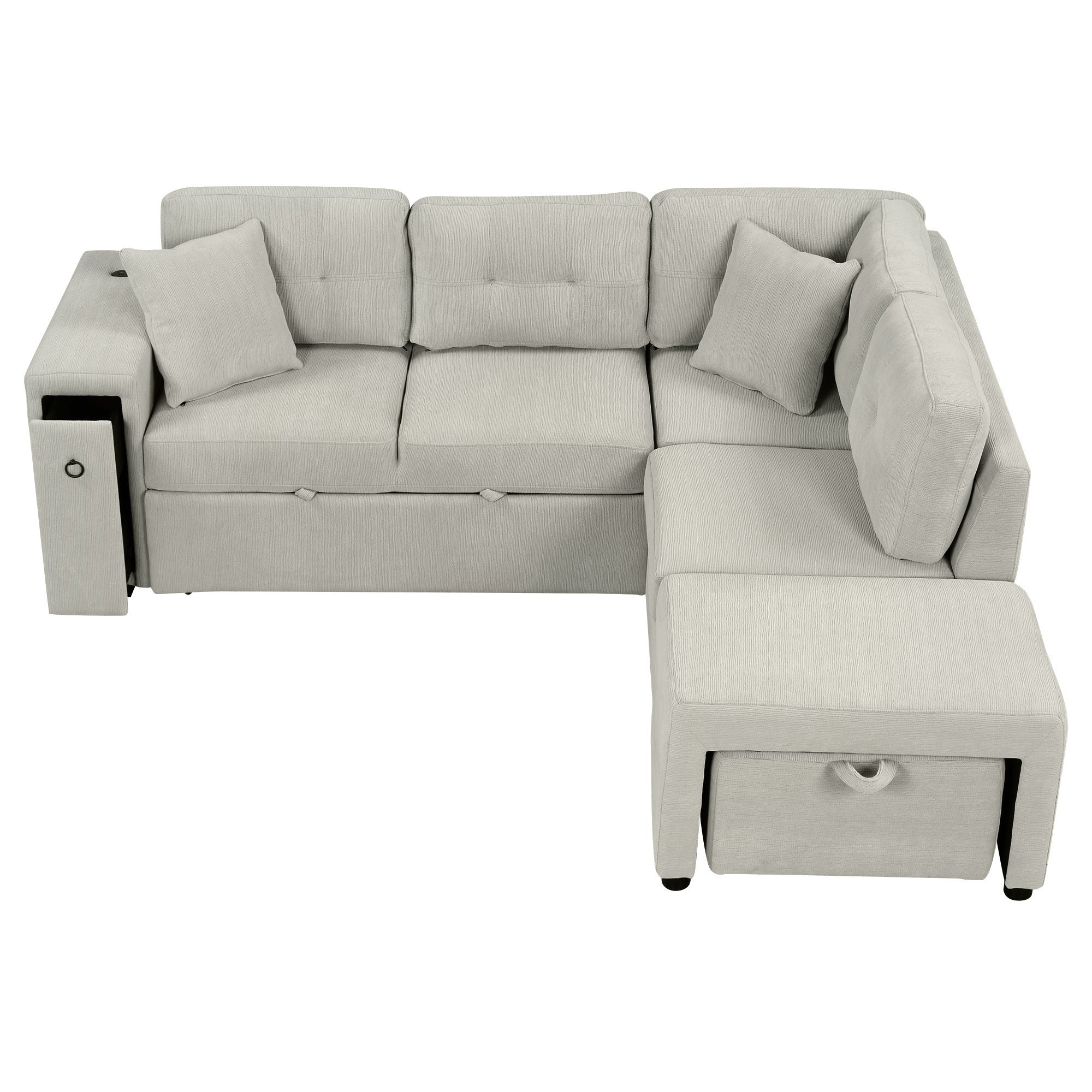 Gray chenille 4-seater convertible sofa bed with movable ottoman and drop-down table with cup holders.