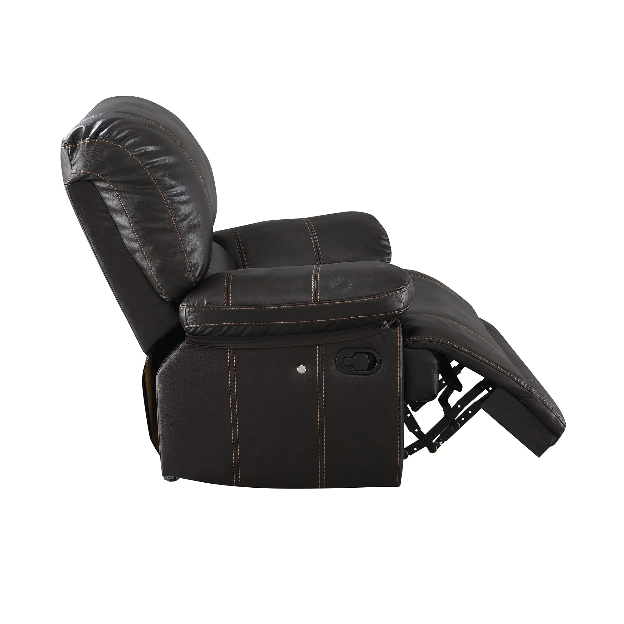 Side view of the recliner fully extended, showing the manual reclining function and sturdy metal footrest for optimal lounging. Reclining.