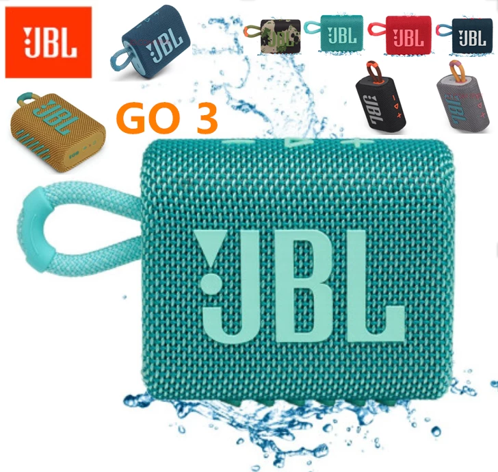 All colors of the JBL Go 3 portable speaker lineup, promoting ultra-portable, waterproof Bluetooth sound accessories.