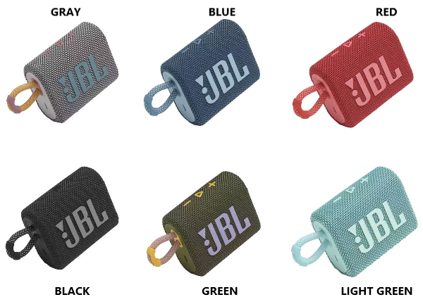 All six color variants of the JBL Go 3 portable wireless speaker: Black, Red, Blue, Pink, Teal, Orange. Shop compact speakers.