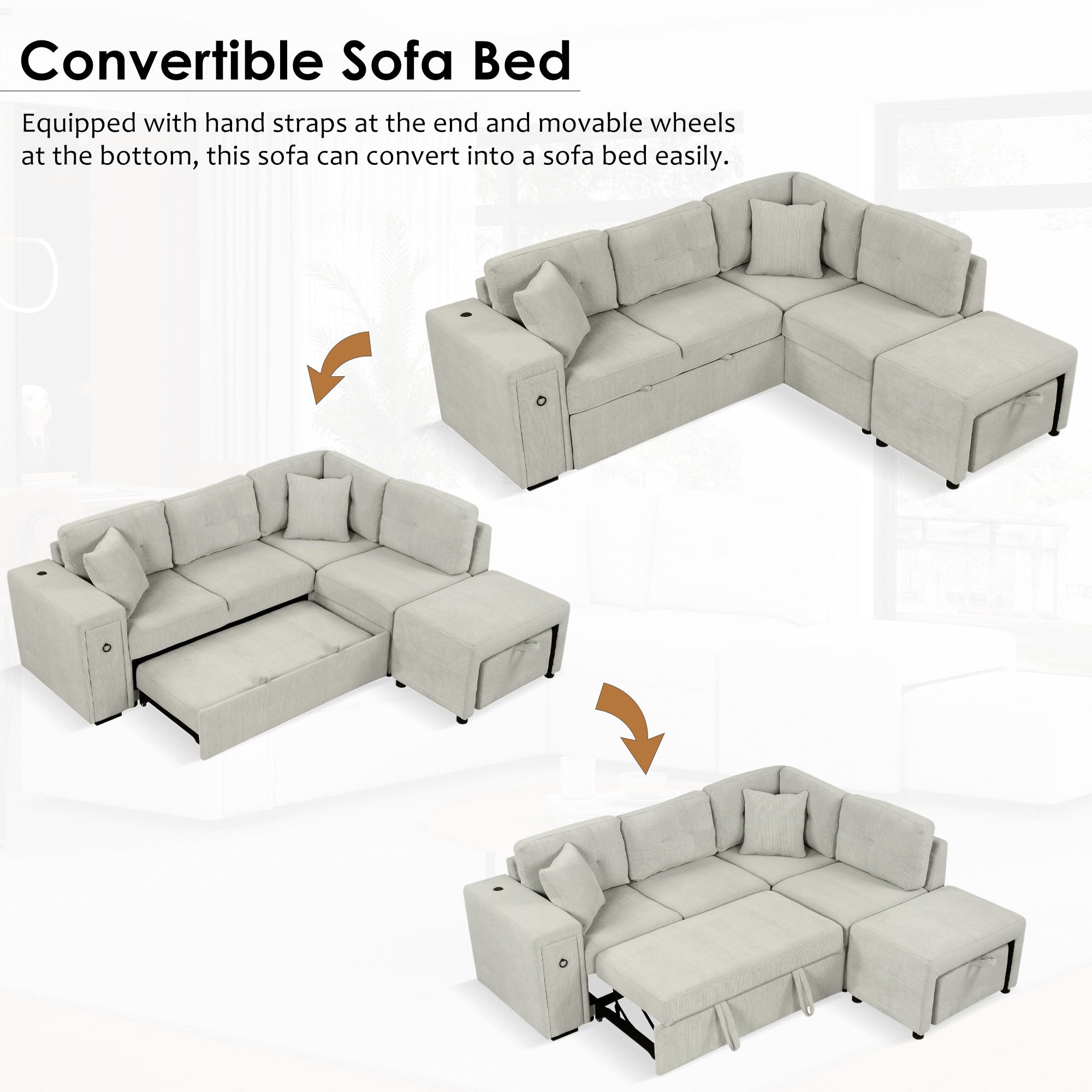 Gray chenille sofa fully converted into a bed for overnight guests.