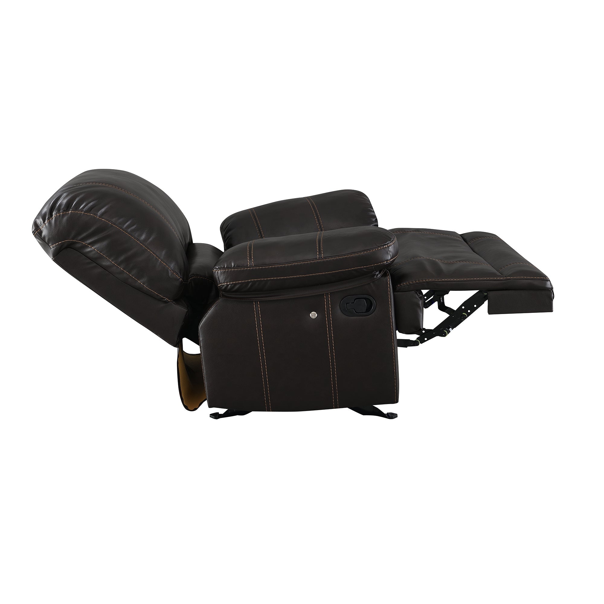 Side view of the recliner fully extended, showing the manual reclining function and sturdy metal footrest for optimal lounging reclining.