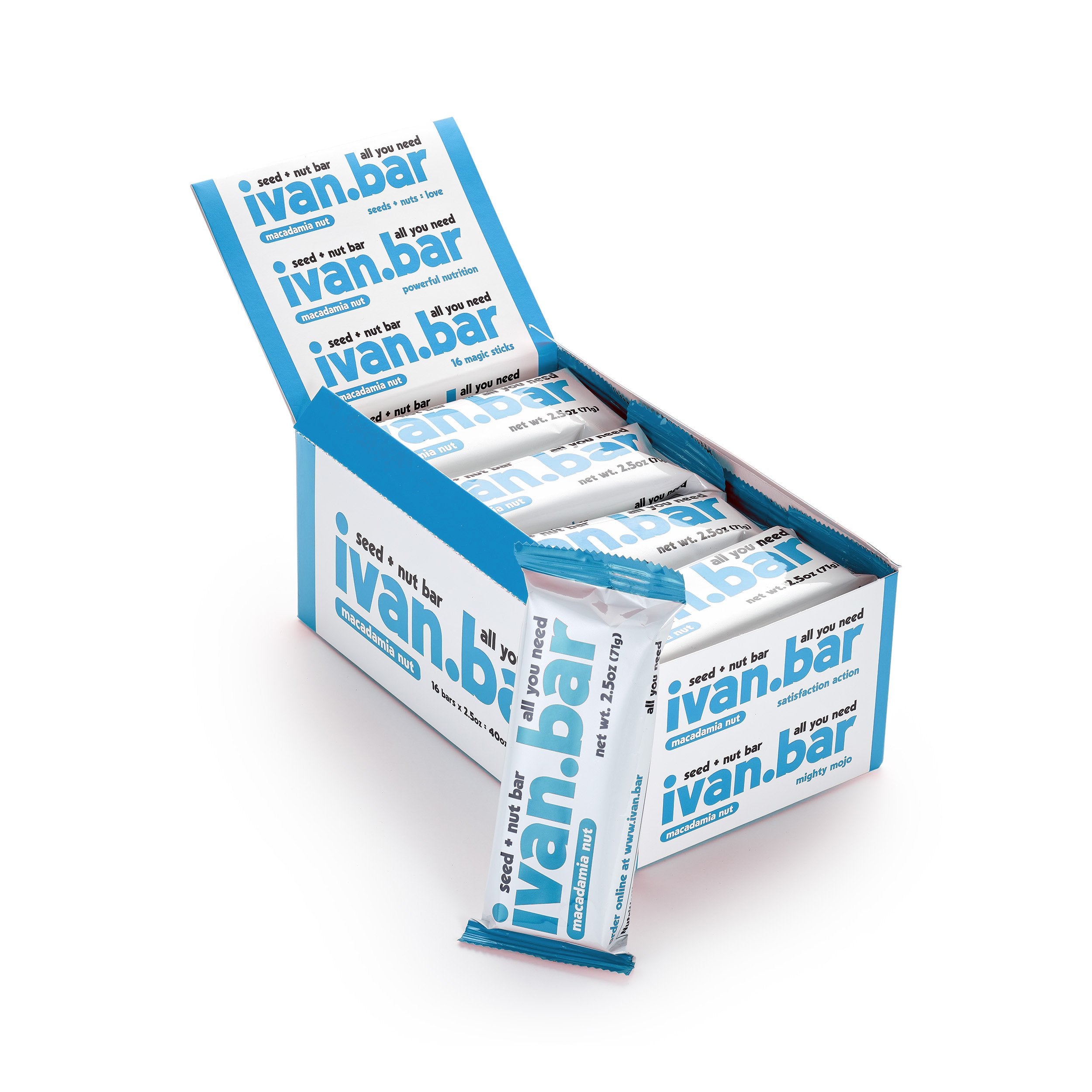 A box of Ivan Bar Coconut Almond Macadamia Bars with several individual bars visible, featuring blue and white packaging.