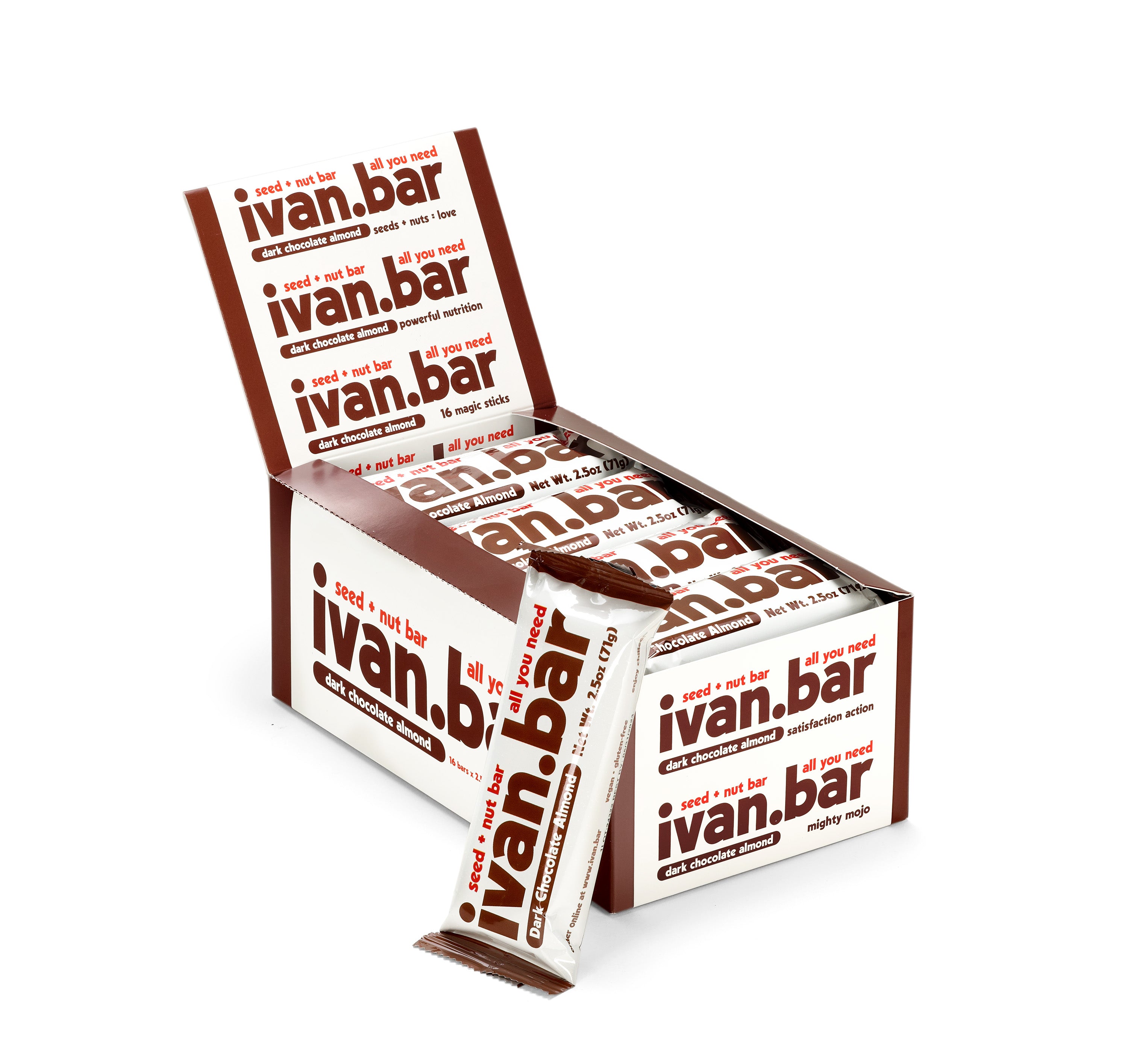 An opened ivan.bar 16 count box of 2.5oz ivan.bar Dark Chocolate Almond seed and nut. A gluten free, non-gmo, vegan, energy and protein bar.